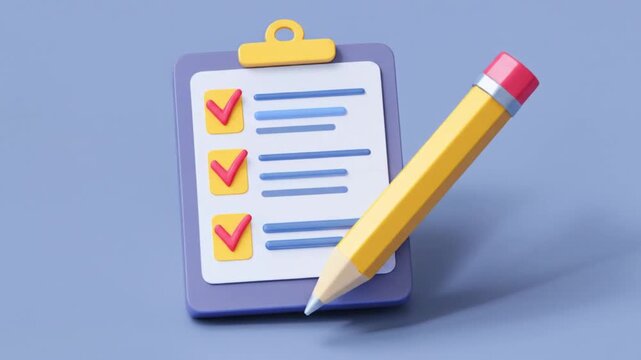 A 3D clipboard with a checklist and a large pencil on a soft blue background, ready for tasks today