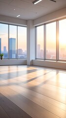 Bright office space overlooking cityscape at sunset
