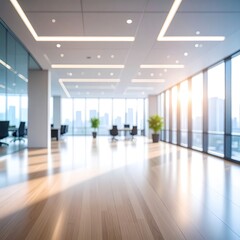 Bright, airy office space with city view, blurred focus