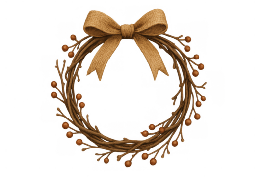 Rustic twig wreath with burlap bow and berries, autumnal natural decoration for thanksgiving and fall holidays