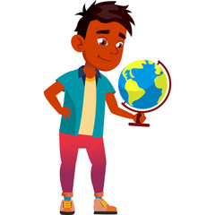 Indian Schoolboy Kid Holding a Globe Learning About Geography And World In A Transparent Background Illustration