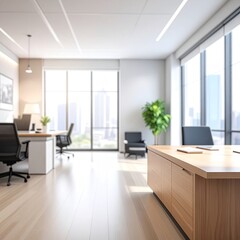 Sunny, bright office space, desks, chairs, windows view