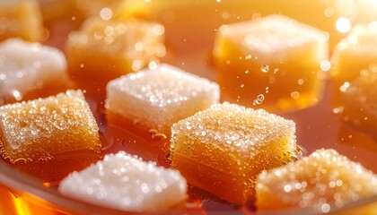 Sugar Cubes Dissolving in Tea Warm Amber Liquid Close Up
