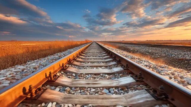 A perspective view of train tracks vanishing towards a horizon filled with a sunset and vast fields