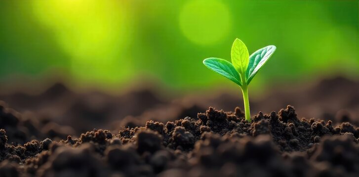 Fototapeta A tiny green sprout emerges from rich soil, symbolizing new life and environmental growth on Earth Day Perfect for eco-conscious campaigns and spring themes , healthy, flora, earth