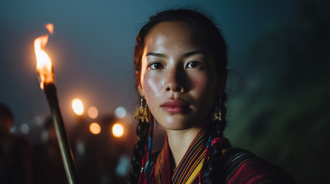 Mystical night portrait of a woman with a torchlight at the Panag-apoy festival, a spiritual ceremony of remembrance in Sagada, Philippines
