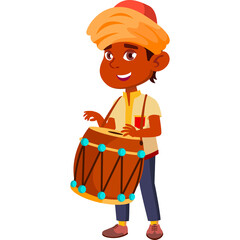 Indian Schoolboy Wearing Turban Playing Dhol Drum With Enthusiasm And Joyful Expression Against A Transparent Background Celebrating Culture