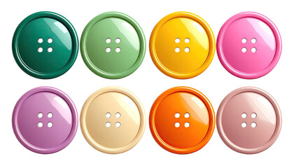 Row of eight colorful round glossy four-hole sewing buttons