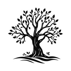 Stylized tree silhouette with curved trunk and leaves, nature emblem for eco design, or logo concept, tree vector silhouette, nature symbol, eco logo, forest emblem