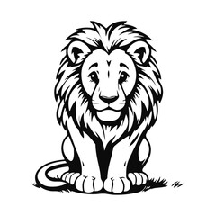 Vector illustration of a sitting lion with a majestic mane, black and white image of a wild animal, lion head, wild cat, lion king, jungle animal, wildlife illustration