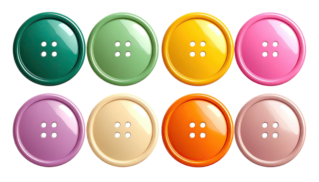 Row of eight colorful round glossy four-hole sewing buttons
