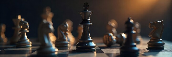 A triumphant chess piece, a knight, stands victorious amidst fallen opponents on a dark, polished chessboard The image symbolizes strategic success and overcoming challenges , dominance, success