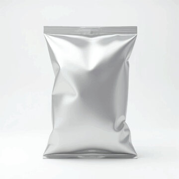 A blank silver foil snack bag isolated on white background for mockup3D Chips,snacks packing bag mockups, Mockup Blank Foil Food Stand Up Pouch Snack Sachet Bag Packaging. Blank metallic plastic bag. 