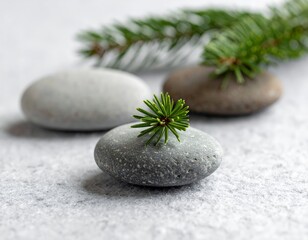 Smooth stones with small pine twig on gray surface in soft light.