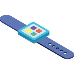Isometric Blue Smartwatch With Colorful App Icons On Screen Digital Technology Object Isolated On White Background With Subtle Shadows And Highlights