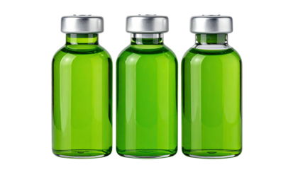 Three vials filled with a vibrant green liquid and gray caps
