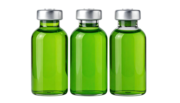 Three vials filled with a vibrant green liquid and gray caps