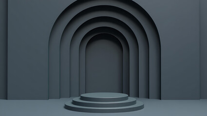Obraz premium Minimalist dark grey arched doorway with a tiered podium for product display