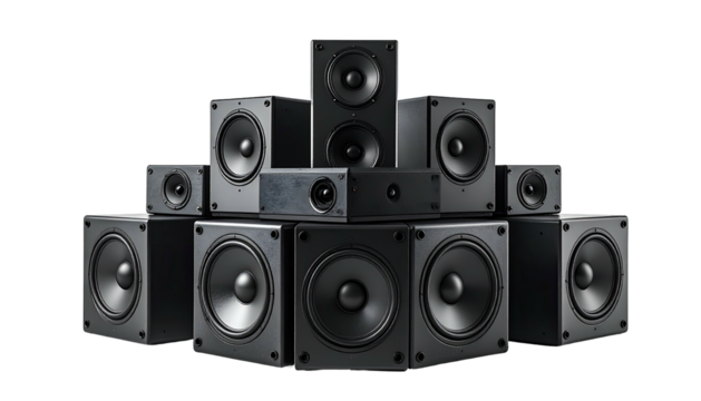 Black speakers arranged in a pyramid formation on dark background