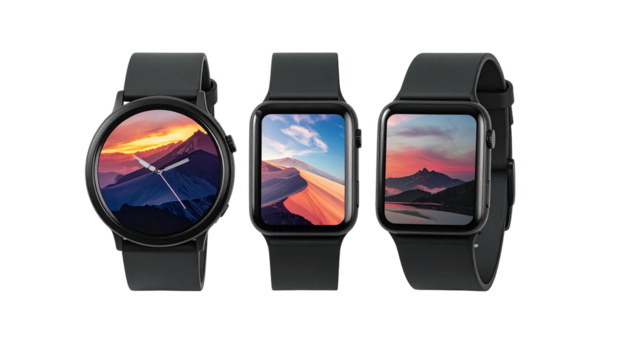 Three black smartwatches with mountain vista screens