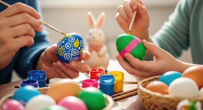 Two hands painting Easter eggs with colorful patterns on a wooden table.