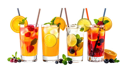 Four glasses of fruit-infused drinks with vibrant garnishes