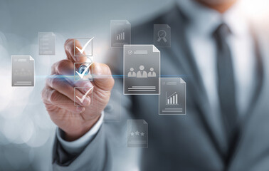 Checklist Completion: Businessman Marking Tasks on Digital Interface, Business Background