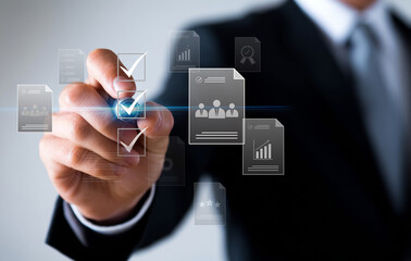 Checklist Completion by Businessman Using Digital Interface Background
