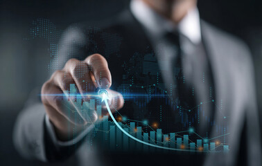 Business Growth: Businessman Touching Ascending Arrow on Digital Screen