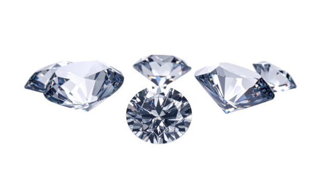 Three clear diamonds on a stark black background, close-up