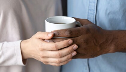 Two people holding white mug together creating warm emotional connection.