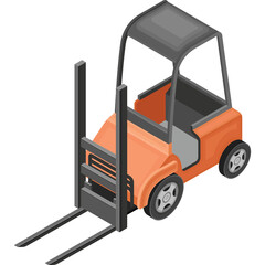 Orange Forklift Truck With Gray Cabin and Forks On Transparent Background In Isometric View