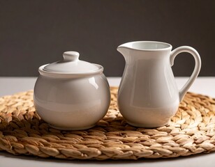 White ceramic teapot and milk jug on woven placemat with warm lighting.