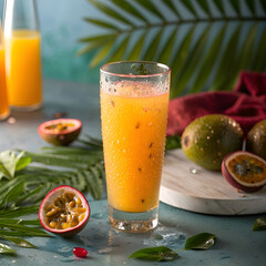 Fototapeta premium orange passion fruit juice tropical decor around