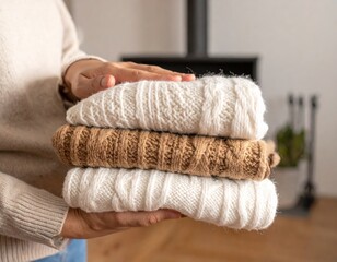 Person holding stack of folded wool blankets in cozy home interior.