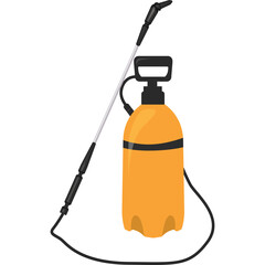 Orange garden sprayer with black handle and hose on a transparent background suitable for agricultural or cleaning tasks