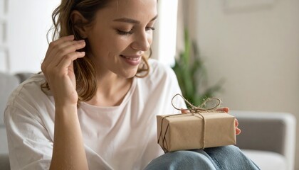 Woman unwrapping gift while smiling in natural morning light.