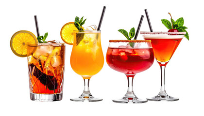 Four colorful cocktails garnished with fruit and herbs