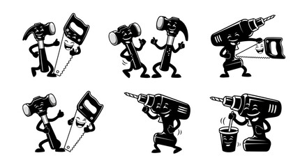 Cartoon Tools Characters Set Vector Illustration Smiling Hammer Saw and Drill Funny Hardware Mascot Repair Icons in Black and White Style