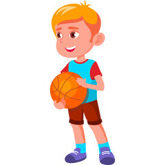 Joyful Young Boy with Blonde Hair Holding an Orange Basketball Wearing a Blue and Red Shirt and Brown Shorts on a Transparent Background