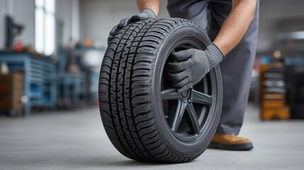 Fototapeta premium Mechanic Wearing Gloves While Securing a New Tire on a Vehicle in an Automotive Workshop Environment
