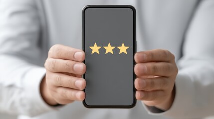 Person Holding Smartphone Displaying Three Golden Stars, Symbolizing Positive Review, with Gray Background in Modern Office Setting