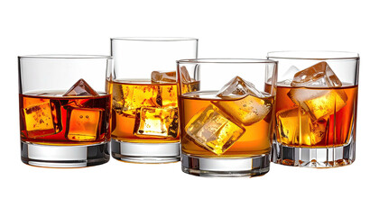 Five glasses filled with amber liquid and ice cubes