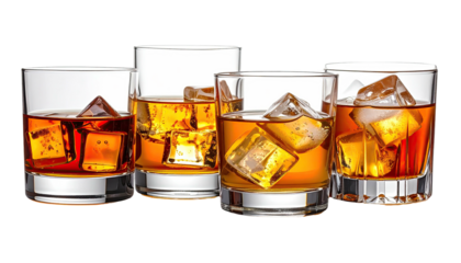 Five glasses filled with amber liquid and ice cubes