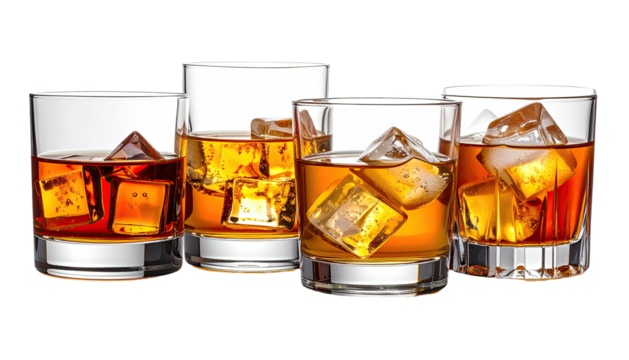 Five glasses filled with amber liquid and ice cubes - Powered by Adobe