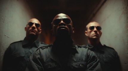 Three Prison Guards in Dimly Lit Corridor Silhouetted in Shadow