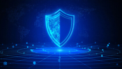 Digital shield protecting data and network security, modern cybersecurity concept with glowing shield, global network defense