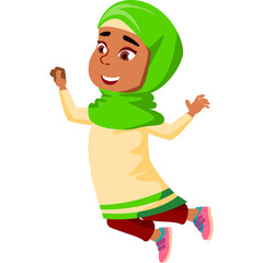 Joyful Young Girl Wearing A Green Hijab And Light Yellow Thobe And Red Pants Jumping With Enthusiasm Against A Transparent Background