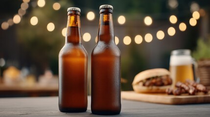 Cozy Dinner Party Ambiance with String Lights, Beer Bottles, and Natural Bokeh Background for Outdoor Gatherings and Celebrations