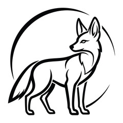 Golden Jackal standing with crescent circle line art logo design